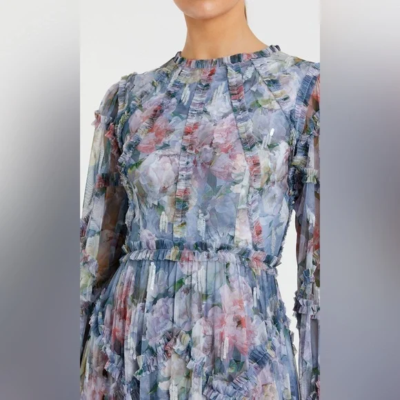 NWT 8098 Mac Duggal Long Sleeve High Neck Floral Ruffle Gown - Picture 4 of 10